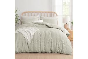 Aisbo Double Duvet Cover Set Beige Seersucker Bedding Set with 2 Pillowcases, Soft Breathable Textured Puckering Bed Quilt Cover Set with Zipper (200×200cm) 3pcs