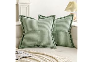 EMEMA Cushion Covers Corduroy Sage Green Throw Pillow Covers Square Striped Soft for Sofa Bedroom Decorative Pillowcases 16x16 Inch 40x40cm Set of 2