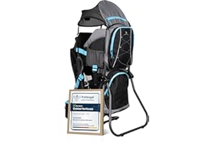 DROMADER Mochila Portabebe Montaña - Portabebes Senderismo hasta 22kg con Protector Solar, Protector de Lluvia, Bolsillo Térmico y Cambiador - Estructura Plegable con Una Mano - Negro y Azul