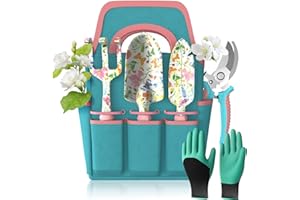 MQHUAYU 6-teiliges Gartengeräte-Set, Garten-Handwerkzeuge aus Aluminiumlegierung Starter-Kit mit Gartentasche, Robustes Outdoor-Werkzeug-Set mit ergonomischem Griff, Garten-Geschenke (Blumenmuster)
