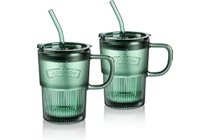Joeyan 450ml Vaso de Vidrio con Tapa y Pajitas, Juego de 2 Taza de Agua Verde con Mango,Helada Sellado a Prueba de Fugas para Café Caliente o Helado Bebidas Mixtas,Hogar Oficina al Aire Viaje Libre