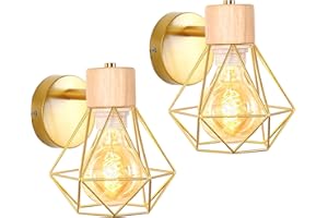 iDEGU 2 Pezzi Lampada da Parete Vintage 16CM Applique da Parete in Legno Metallo Design Gabbia Industriale E27 Illuminazione Interni Lampada a Muro per Camera da Letto Corridoio (Tipo-B D'oro)