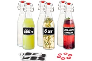 Praknu 6 Botellas Cristal 500ml con Tapón Hermético - con 12 Etiquetas y Rotulador - Botella Vidrio para Licores Caseros, Aceite & Cerveza Artesanal