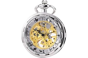 TREEWETO - Montre de Poche Mécanique avec Chaîne pour Homme - Argenté - Mécanisme Apparent - Style Rétro