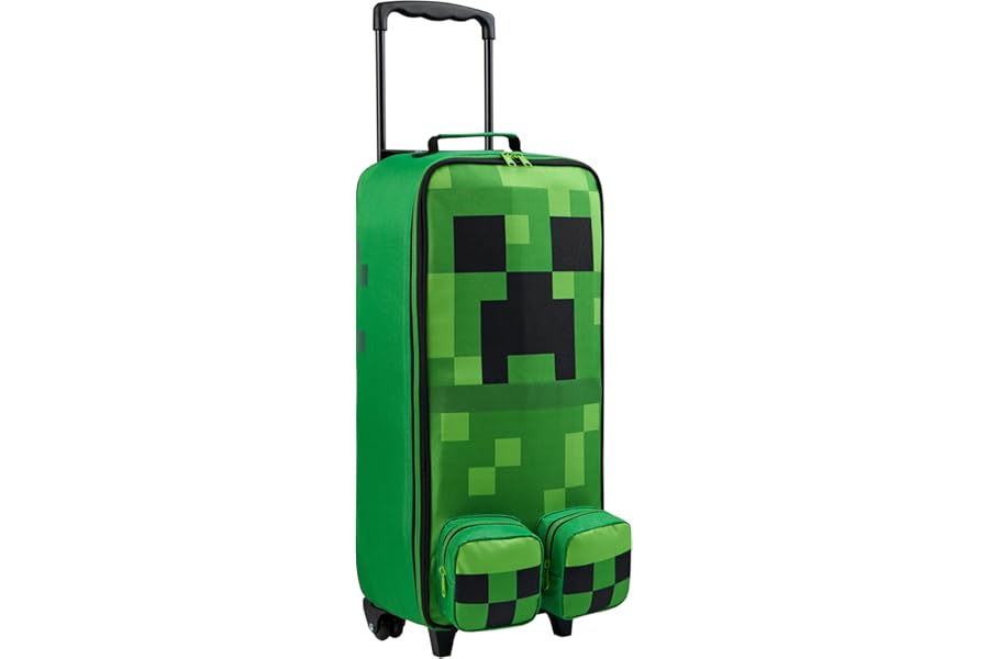 Minecraft Kids Suitcase with Wheels Foldable Trolley Bag Creeper Luggage Travel Bag 57 x 17 x 25cm 17L Holiday Weekend Trips Travel Essentials (L64cm x W25cm - 17L, Green)