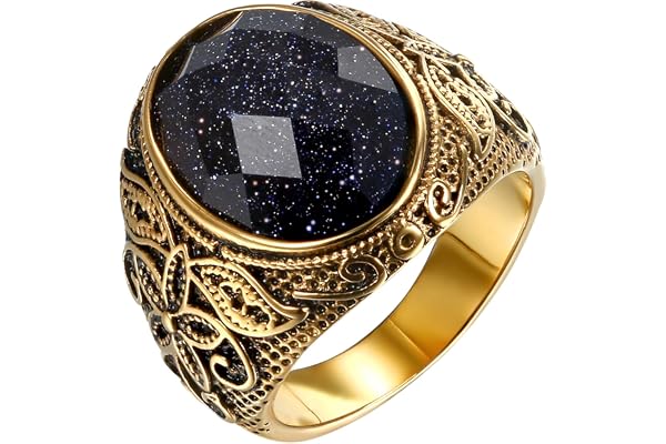 JewelryWe Bijoux Bague Homme Chevalière Rétro Fleur Sculpté Pierre Motard Anneau Violet Or Acier Inoxydable Fantaisie Taille optionnelle avec Sac Cadeau