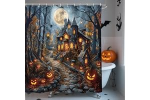 AIBIIN Halloween duschdraperi, läskigt slott, ond pumpa, pumpa-lyktor, gotiskt hus, fullmåne, döda träd, fladdermus duschdrap