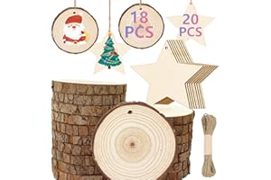 JINGTOPS 38 Pezzi Tronchetti Legno per Pirografia, Naturale Fette Legno da Decorare,18 Dischi Legno 7-8 cm con Corteccia Foro, 20 Stelle Legno, Fai da Te Natale, Cerchi per Lavorettiaddobbi Natalizi in Legno