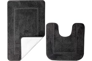 SOANNY Black Bath Mat Set of 2, High Density Soft Microfiber Non Slip Bathroom Mats with Water Absorbent, 53 X 86 CM Bathtub Rug & 50 X 50 CM Toilet Pedestal Mat, Shower Rugs Machine Washable