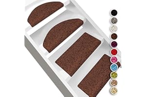 FLODI. Sphinx Soft High Pile Stair Tread Carpet Mats, Set of 15 Pieces, Self Adhesive Anti Slip Stair Pads Runner for Staircase (Brown, Semicircular - 19 x 56 cm)