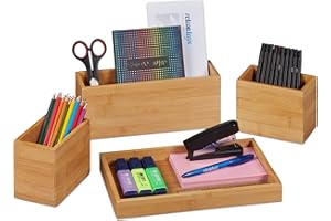 ‎RELAXDAYS Relaxdays Schreibtisch Organizer, 4er Set, Stiftehalter, Bambus Ablage, Stifteschale, für Büro Utensilien, Briefe, Natur