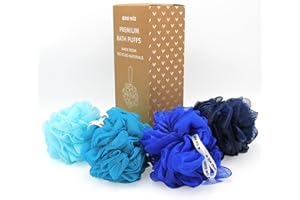 ANA WIZ Esponjas de baño hechas de materiales 100% reciclados, paquete de 4 esponjas exfoliantes grandes súper suaves, de larga duración, duraderas y reciclables (azul)
