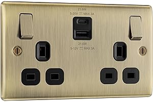 BRITISH GENERAL BG Electrical 22W Double Switched Wall Plug Socket with Fast Charge USB A and USB C Charging Ports, Nexus Metal, Antique Brass, 13A, NAB22UAC22B