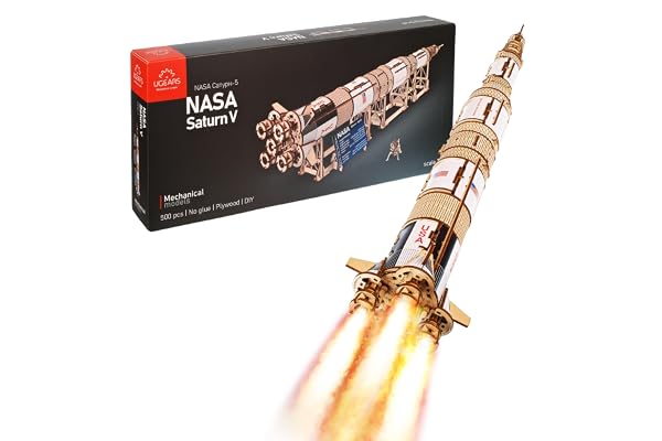 Kit de fusée modèle UGEARS NASA Saturn V - Kits de modèles de vaisseaux spatiaux pour Adultes - Puzzles de Construction de navettes spatiales en Bois 3D - Puzzle en Bois 3D de Vaisseau Spatial
