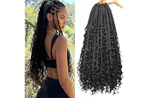 Samtress 18 Inch Boho Box Braids Crochet Hair 8 Packs Natural Black Goddess Box Braids with Curly Ends Pre Looped Bohemian Box Braids Messy Synthetic Braiding Hair for Women (#1B)