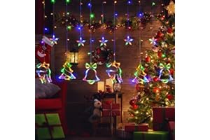 LOLStar Christmas Window Lights, 180 LED Multi-Coloured Hanging Christmas Party Decor, Reindeer, Jingle Bell, Xmas Tree, Indoor String Lights Connectable 8 Flashing Modes Curtain Lights for New Year