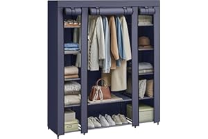SONGMICS Kleiderschrank, Stoffschrank, mit Überzug aus Vliesstoff, Faltschrank mit Kleiderstange, 45 x 150 x 175 cm, 12 Ablagen, Metallrahmen, Schrank fürs Schlafzimmer, Marineblau LSF003I02