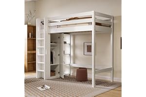 Kehun Kinderbett Hochbett 90x200, Hausbett Holzbett mit Rausfallschutz und Leiter für Kinder, Jugendbett mit Kleiderschrank und 4 Regalen, Einzelbett Bettgestell mit Lattenrost, Weiß, Ohne Matratze