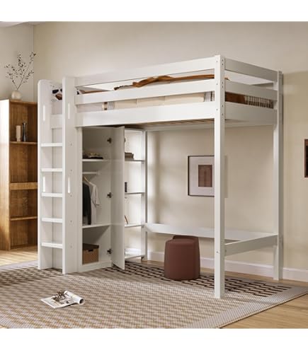 Letto A Soppalco Con Scrivania E Armadio - 90x200 Cm, Bianco, Ferro | Per Camerette Piccole | Spazio Di Archiviazione