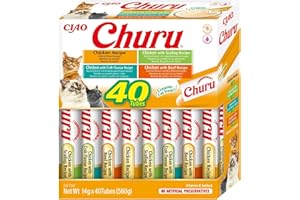 INABA Churu - Puré de Pollo 4 Sabores - Deliciosos Snacks - Textura Suave y Cremosa - Comida para Gatos - 40 Tubos x 14g