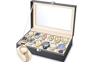 MOOING Scatola per orologi con 12 scomparti, custodia per orologi bloccabile con coperchio in vetro, cassapanca per orologi con cuscini staccabili, pelle PU, fodera in velluto, 30 x 20 x 8 cm
