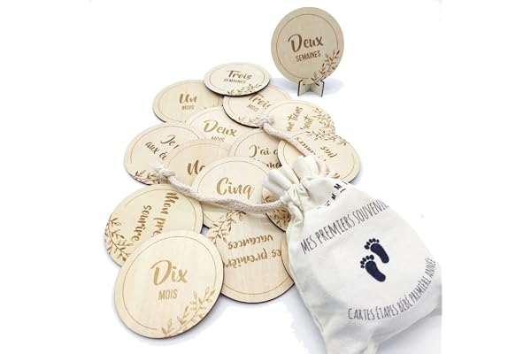 Cartes étapes bébé bois, 32 moments de la naissance à 1 an sur 16 disques en bois gravés Recto/Verso, Cadeau de naissance (+ sac en coton, + support pour poser les ronds en bois)