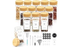 SXTIHD Tarros para especias de cristal y madera, 12 × 120 ml, recipiente cuadrado para guardar especias en la cocina, tarros para condimentos con tapas herméticas de bambú, etiquetas