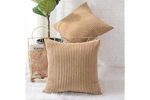 MERNETTE Pack of 2, Corduroy Soft Decorative Square Throw Pillow Cover Cushion Covers Pillowcase, Home Decor Decorations For Sofa Couch Bed Chair 18x18 Inch/45x45 cm (Striped Light Brown)