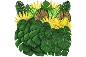 QUOZUO 50 pezzi foglie tropicali artificiali di palma monstera piante tropicali artificiali per giungla compleanno hawaiano decorazioni, verde e oro