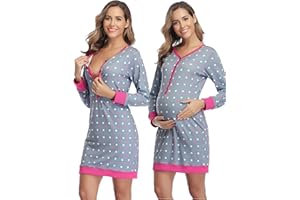Aseniza Camicia da Notte Premaman Cotone,Camicia da Notte per La Gravidanza a Maniche Lunghe a Pois Pigiama Abbottonata Donna maternità con Funzione