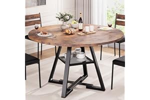 Jocoevol Esstisch Runder für 4 Personen, Esszimmertisch mit Ablage, platzsparender Küchentisch aus Holz im Industrial Design (Vintage Braun, 120x120x76cm)