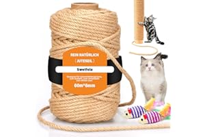 Swetfela 6MM X 60M Cuerda de Yute, Cuerda Sisal Avec 2 Jouets Souris, Multifuncional Cuerda Rascador para Gatos Natural, Cuerda para Reemplazo Árboles Rascador, Decoración Jardín, DIY Manualidades