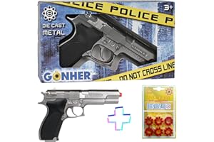 UTOPIA GOODS Lote Pistola Policia de Juguete Gonher Gris y 96 fulminantes - Armas niños fogueo con fulminantes 8 tiros (petardos) - Tamaño Real - Revolver sin Bolas ni balines (Gris)