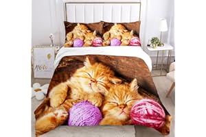 JEFFEL Set di Biancheria da Letto con Stampa di Gatto 3D, Copripiumino con Cerniera, Incluso 1 Copripiumino e 2 Federe, Biancheria da Letto per Ragazzi e Ragazze (220x240cm, Gatti -2)