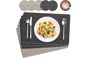Euqvunn Manteles Individuales y Posavasos Juego de 6, Resistente al Calor, Antideslizante y Lavable [Doble Cara] salvamanteles Individuales de PU para Cocina Interior y Exterior (43×30cm-Gris)