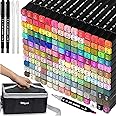 AOMEES 168 Colors Dual Tip Permanent Markers Set, Art Marker Pen with Carrying Case and Storage Base for Adults Artists Drawing, Coloring, Sketching