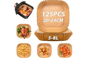 Sungoup Papel Freidora Aire 20-24 cm, 125 Piezas Papel para Freidora de Aire Impermeable a Prueba de Aceite, Papel Air Fryer Cuadrado de 5 a 8 litros Airfryer, Compatible con COSORI 5,5L/Cecotec 6L