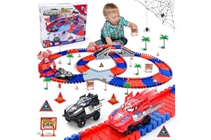 GIDDYGLOW Spider Construction Race Track Set: STEM Building Toys for Kids Ages 3-9 Car Track with Superhero Cars Outdoor Toddler Toys for Boys Girls Birthday Gifts Toy for 3 4 5 6 Year Old Boy Gifts(212PCS)
