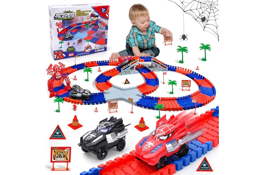 Spider Construction Race Track Set: STEM Building Toys for Kids Ages 3-9 Car Track with Superhero Cars Outdoor Toddler Toys for Boys Girls Birthday Gifts Toy for 3 4 5 6 Year Old Boy Gifts(212PCS)