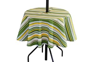 3E Home Outdoor Table Cloth with Parasol Hole, Water Resistant Garden Patio Round Tablecloth with Zipper for Picnics and Parties[52 inches (132 cm) Yellow & Green]