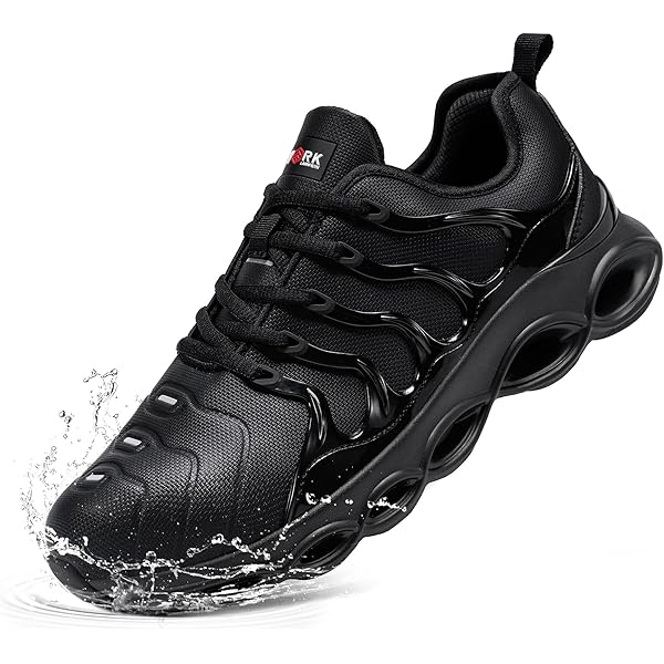 LARNMERN Werkschoenen voor dames en heren, licht, breed en normaal, uniseks, lekvrij, sportieve beschermende schoenen, stalen neus, comfort, ademend, demping, schokdemping, maat 35-51 EU, zwart grijs