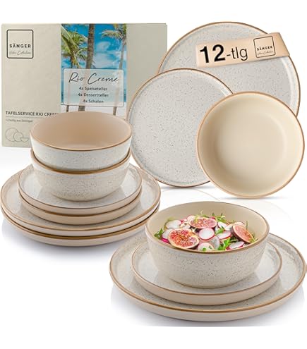 alpina 16-delig tafelservies – serviesset voor 4 personen – servies van aardewerk – ontbijtborden, dinerborden, kommen en kopjes – crème