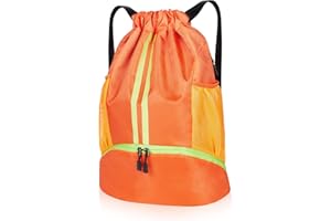 Benxdara Waterproof Drawstring Gym Bag, Breatheable Drawstring Backpack Gym Sack with Shoe Compartment, 2 Mesh Side Pockets and Separation Bag, Outdoor Swim PE Bag for Adults & Kids, Orange