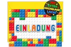 ‎VULAVA 12x Bausteine EINLADUNGSKARTEN Kindergeburtstag Junge Mädchen + 12x Umschläge - die frech bunten Baustein Party Karten sind die Bausteine EINLADUNG für Jungen Mädchen Kinder Geburtstag KINDERPARTY