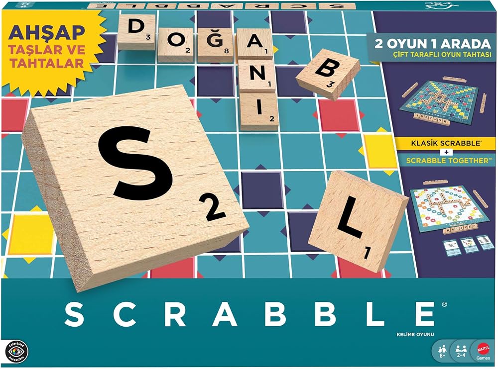 Mattel Games Scrabble kutu oyunu, aileyle birlikte kelime bulma eğlencesi, ahşap harf taşları ve taş tahtaları, iki oyun seçeneği, Türkçe, JLJ64