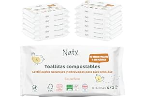 ECO BY NATY Naty toallitas para bebé sin perfume | 98% agua purificada | Para piel sensible | Suaves para recién nacidos | De origen vegetal y sin plástico | Certificadas compostables | 672 unidades (12 paquetes)