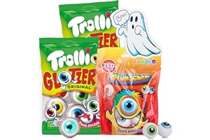 SWEET BUDDIES Trolli Glotzer & ZED Glubscher Augen Bundle – 2x Trolli Glotzer 75g & 1x ZED Glubscher 67g mit einem Geister-Aufkleber – Grusel-Süßigkeiten für Halloween, Kinderpartys, Geburtstag, Horror Movie Nights