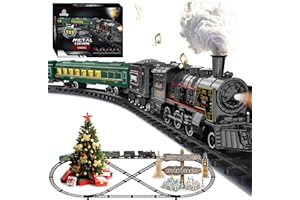 BUBUQE Electric Train Sets for Kids Metal Alloy Christmas Train Toys Steam Locomotive, Glowing Passenger Carriages, Luxury Tracks, Light & Sounds Rechargeable Birthday Gifts for Boys Girls Green