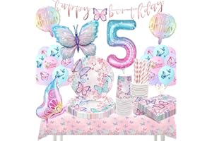 HLEIUKT Schmetterling Deko Geburtstag, 5 Jahre Geburtstag Party Geschirr Deko, Schmetterling Luftballon Pappteller Servietten Becher Tischdecke für 5 Jahre Mädchen Kindergeburtstag Party 16 Gäste