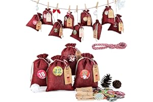 MIUEZUTH Adventskalender zum Befüllen Groß (13x17cm), Weihnachtskalender Jutesäckchen Selberfüllen, 24 jutebeutel Kette zum selber befüllbar und Aufhängen, 2024 Geschenksäckchen für Kinder Männer Rot